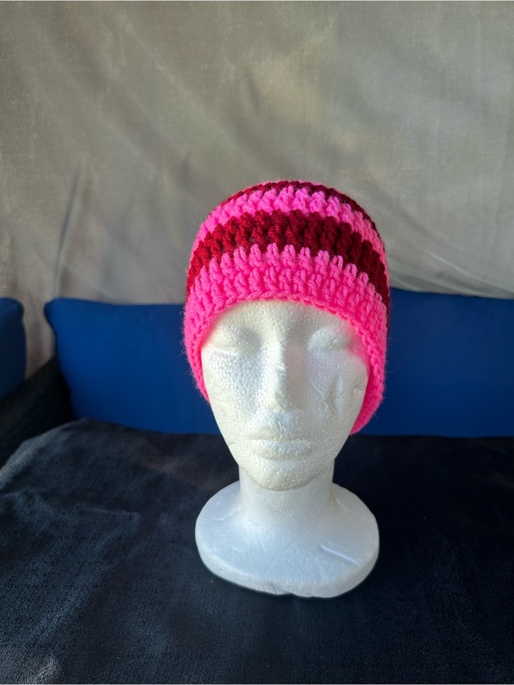 Bright Pink Striped Crochet Beanie for Women